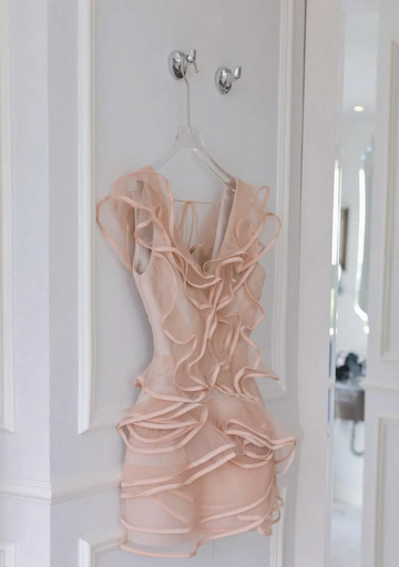 Pink A Line V Neck Ruffle Layered Tulle Short Homecoming Dress Outfits HZ1023